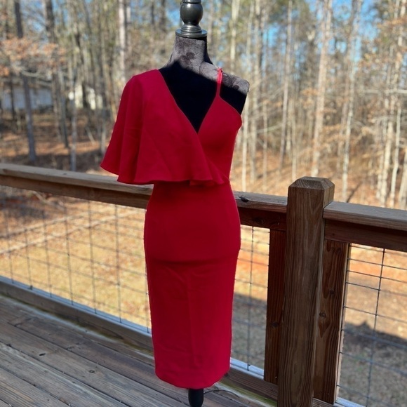Dress The Population Red Beth Fitted Midi Dress One Shoulder Ruffle Valentines - Picture 3 of 7